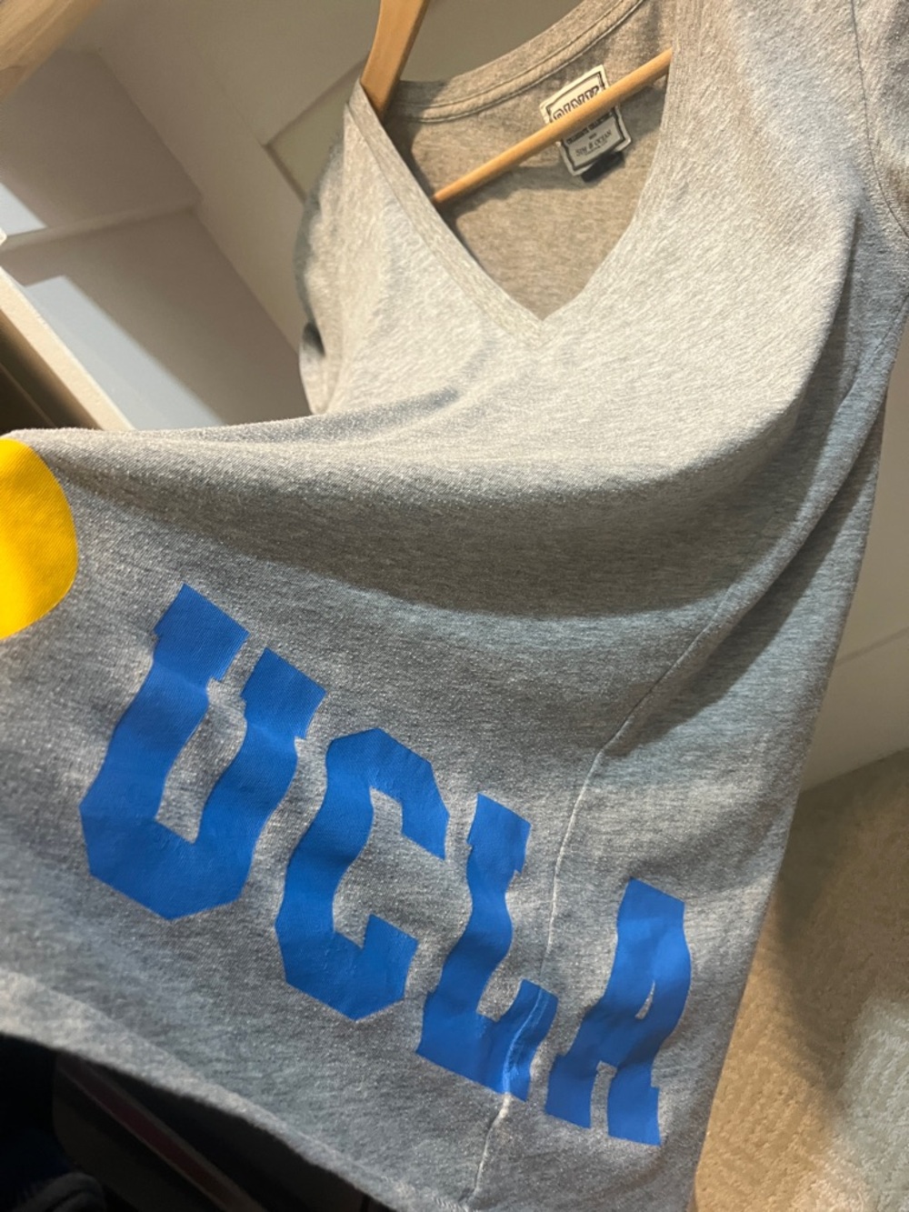 Women's Grey V-Neck Short Sleeve Tee with Blue Logo
